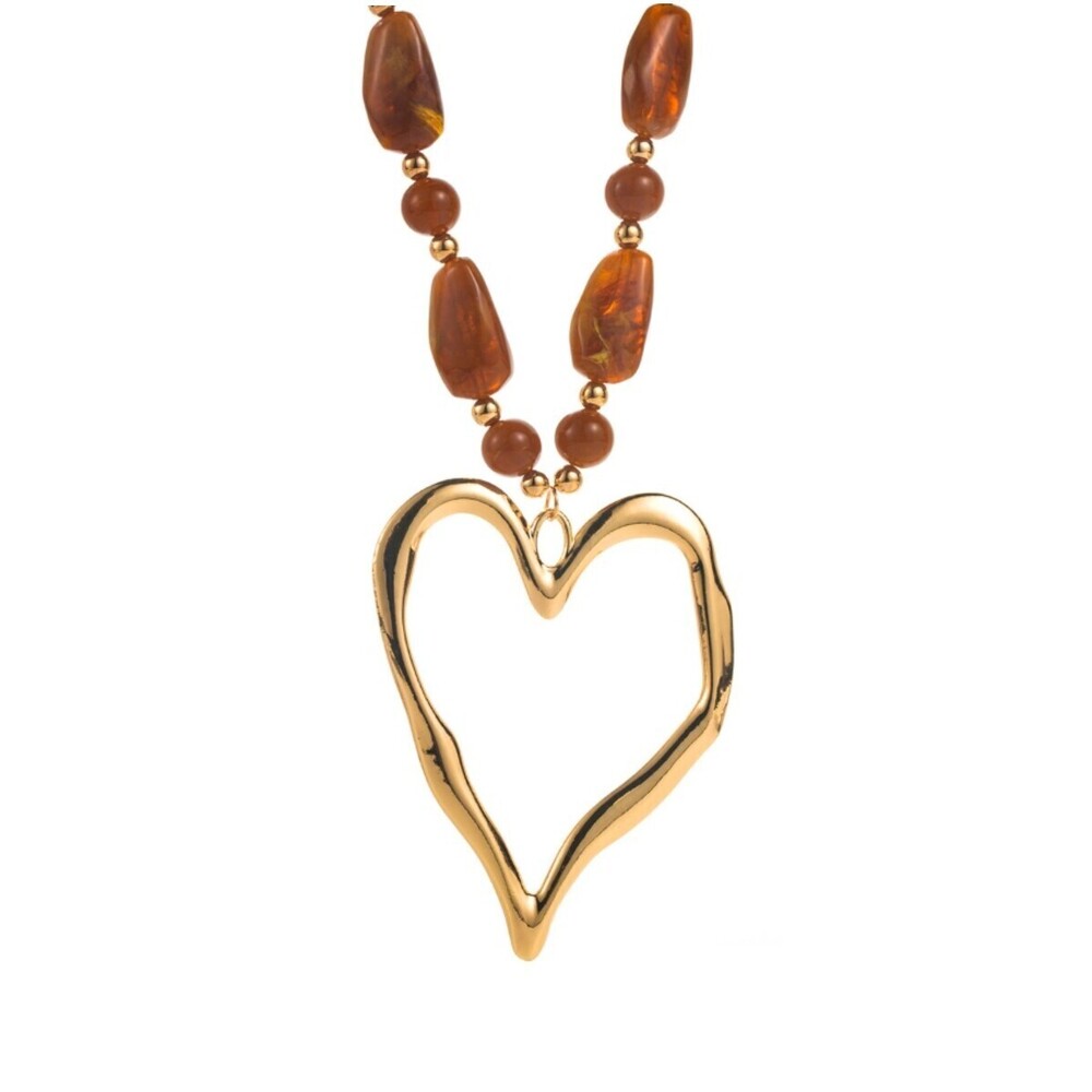 26Z0909-B Swan Madchen Heart Pendant Resin Bead Necklace Brown